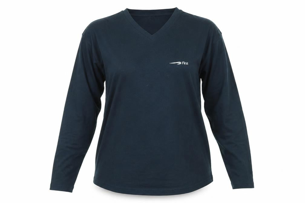 Front view of First women’s blue cotton basic t-shirt, size M, sweetheart - first logo