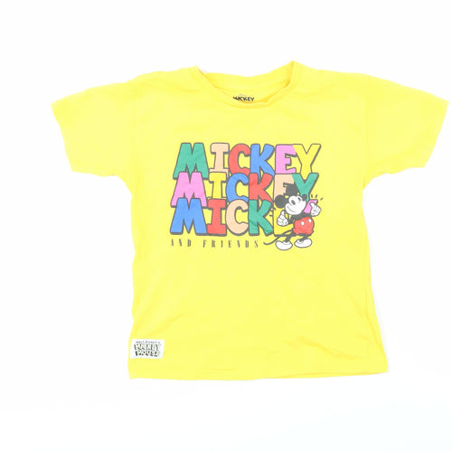 Disney Girls Yellow 100% Cotton Basic T-Shirt Size 7-8 Years Round Neck Pullover - Mickey Mouse & Friends