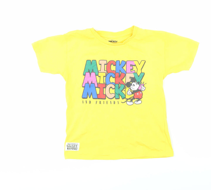 Disney Girls Yellow 100% Cotton Basic T-Shirt Size 7-8 Years Round Neck Pullover - Mickey Mouse & Friends