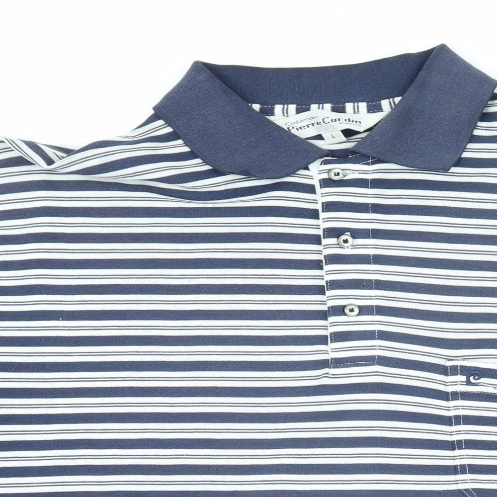 Pierre Cardin Mens Blue Striped Cotton Polo Size L Collared Button