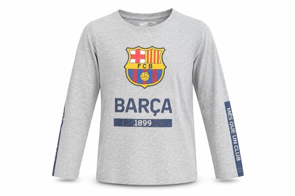 Front view of FCB boys’ grey cotton basic t-shirt, size 8, years roll neck pullover - barca 1899