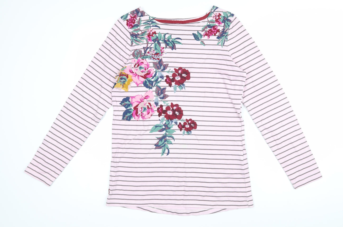 Joules Womens Pink Striped Cotton Basic T-Shirt Size 12 Boat Neck - Flowers