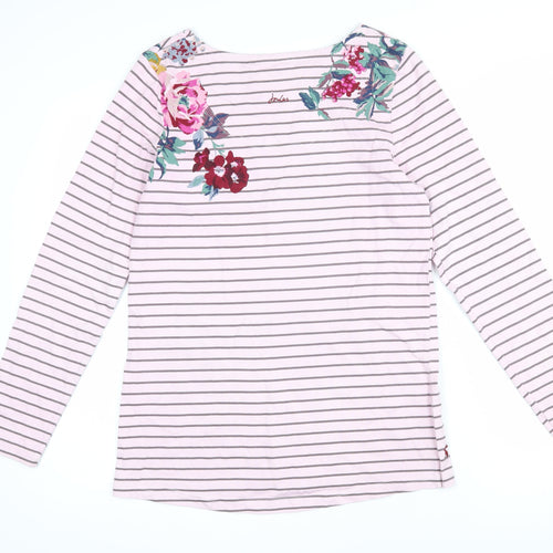 Joules Womens Pink Striped Cotton Basic T-Shirt Size 12 Boat Neck - Flowers