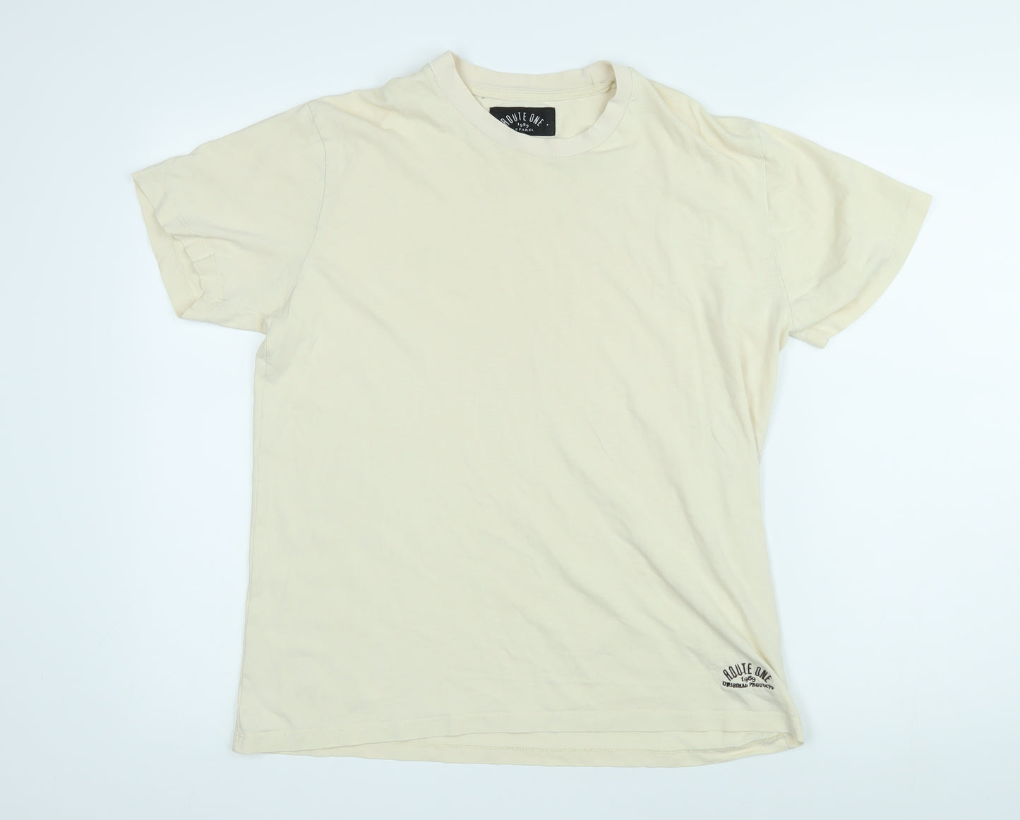 Route 21 Mens Ivory Cotton T-Shirt Size S Round Neck