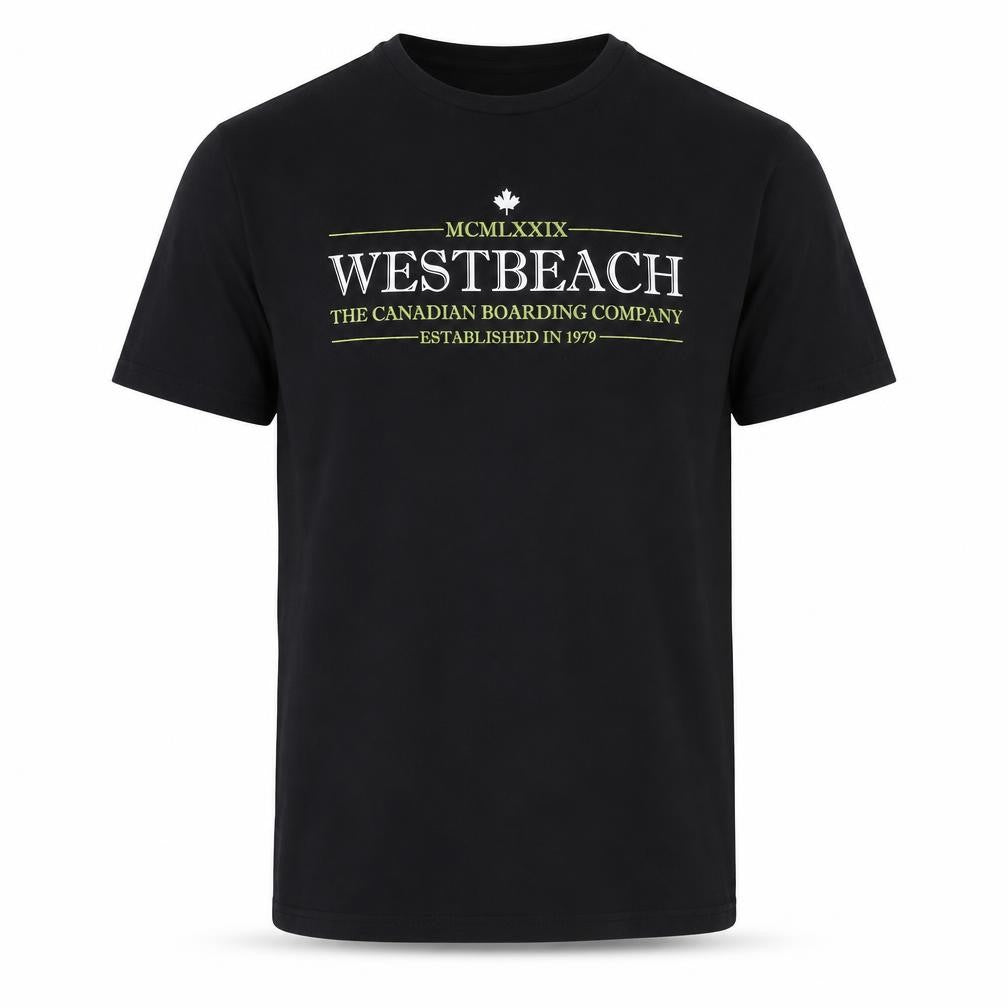 Front view of Westbeach men’s black cotton t-shirt, size S, crew neck