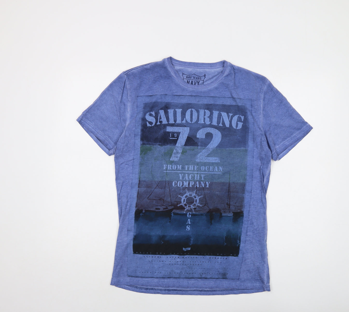 GAS Mens Blue Cotton T-Shirt Size L Crew Neck