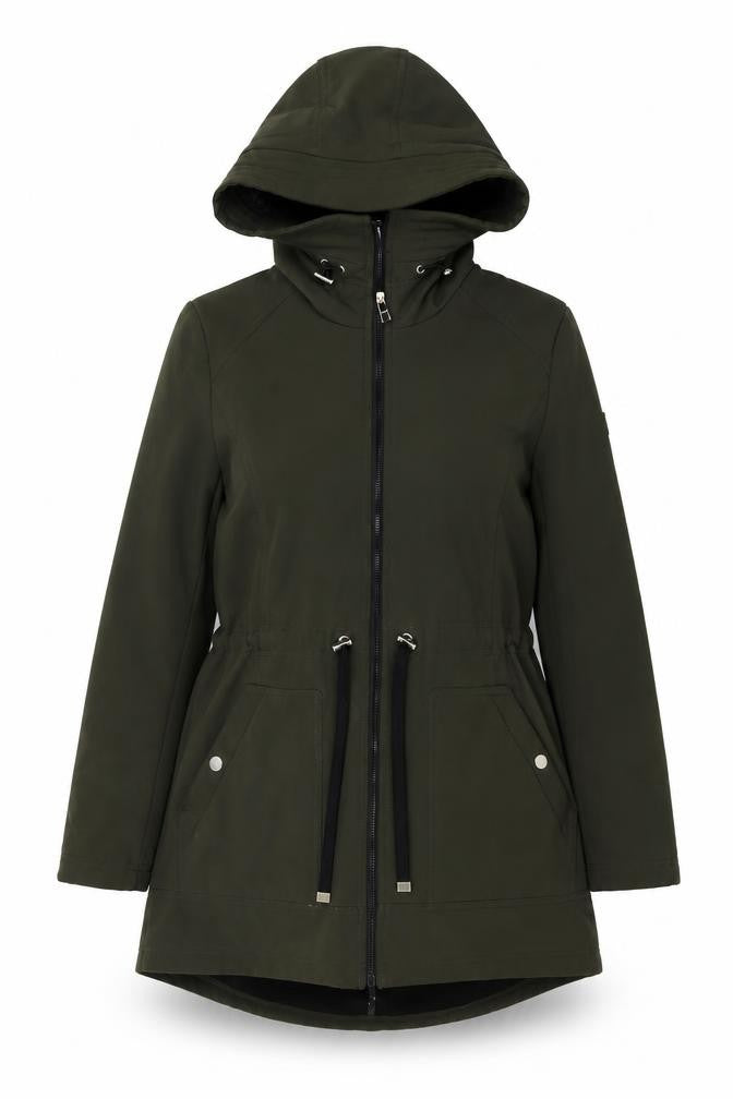 Front view of Eliza J women’s green parka coat, size M, zip