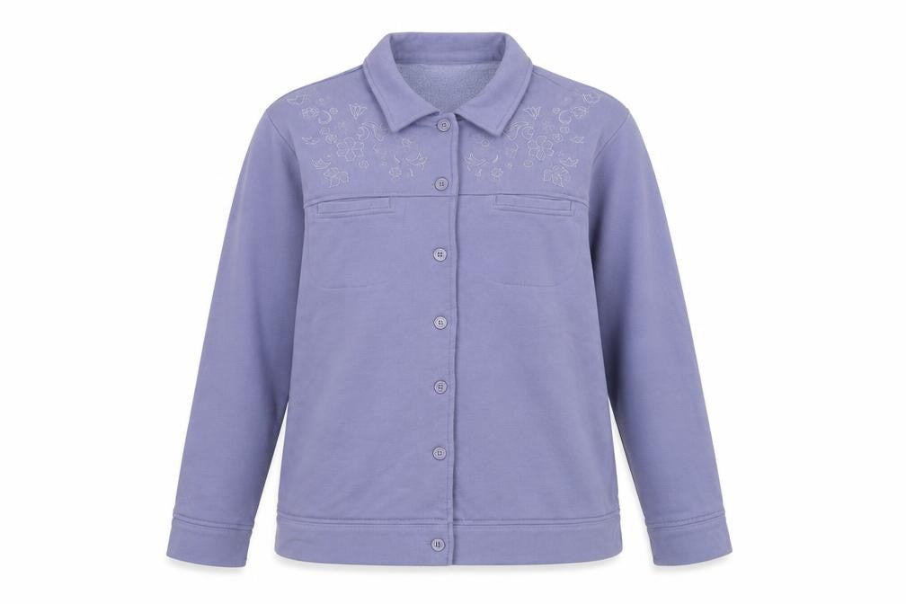 Front view of Miller's women’s purple jacket, size UK 16, button