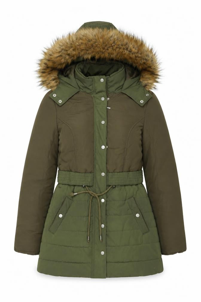 Front view of Lipsy women’s green parka coat, size UK 10, zip