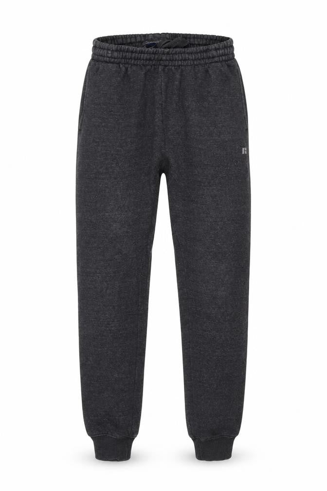 Front view of Russell Athletic men’s grey polyester trousers, size M, 32-inch leg regular drawstring