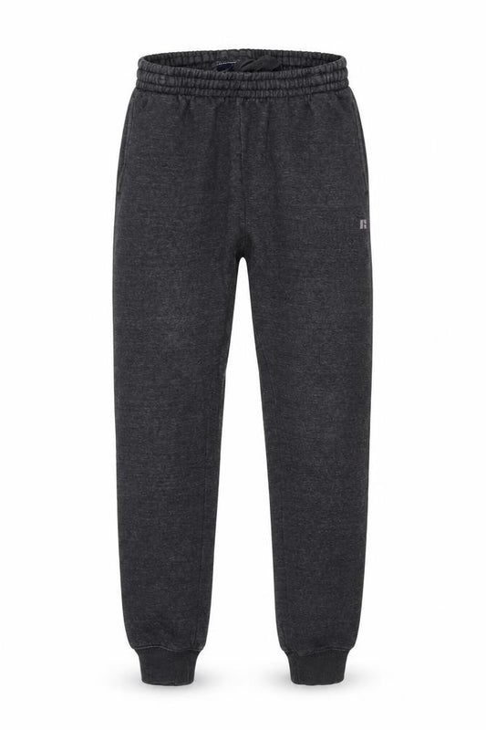 Front view of Russell Athletic men’s grey polyester trousers, size M, 32-inch leg regular drawstring