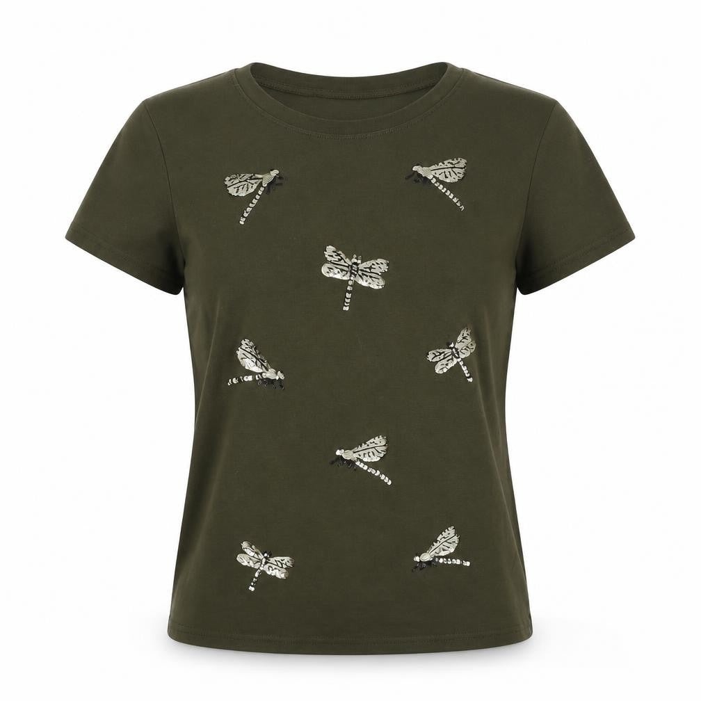 Front view of May women’s green cotton basic t-shirt, size M, crew neck
