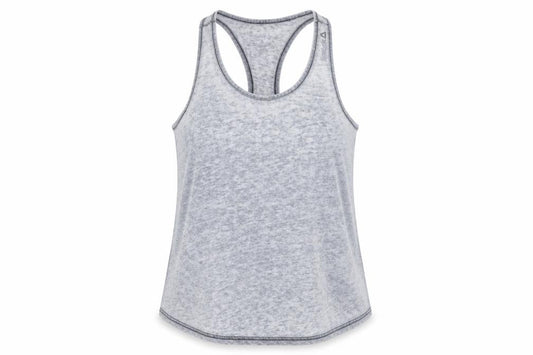 Front view of Reebok women’s grey polyester basic tank, size S, round neck pullover
