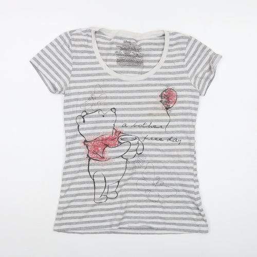 Disney Womens Grey Striped Cotton Basic T-Shirt Size S Round Neck - The Winnie Pooh
