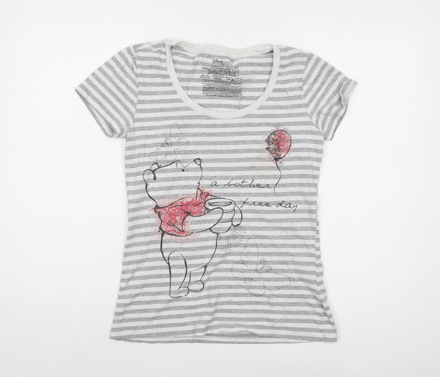 Disney Womens Grey Striped Cotton Basic T-Shirt Size S Round Neck - The Winnie Pooh