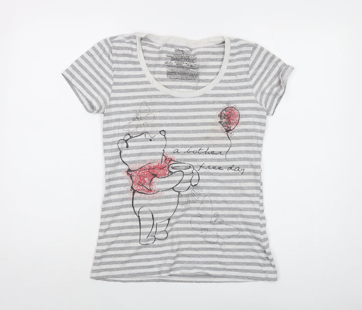 Disney Womens Grey Striped Cotton Basic T-Shirt Size S Round Neck - The Winnie Pooh