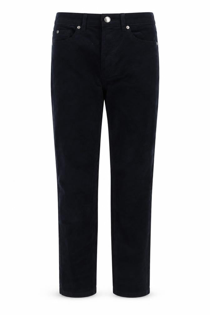 Front view of Marks & Spencer women’s blue cotton trousers, size UK 6, 28-inch leg regular button