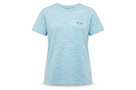 Front view of Align women’s blue polyester basic t-shirt, size UK 14, crew neck pullover