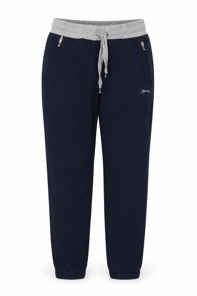 Front view of Slazenger women’s blue polyester sweatpants, size UK 14, 28-inch leg regular drawstring