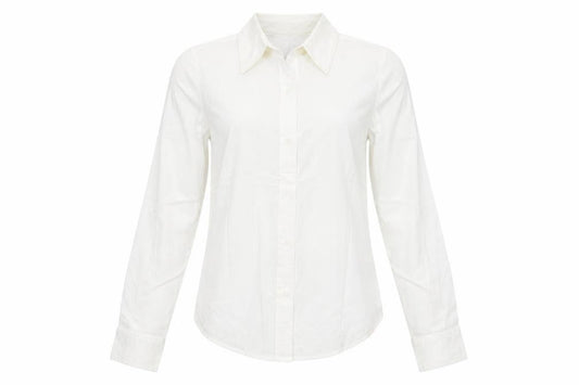Front view of Gap women’s ivory cotton basic button-up, size S, collared