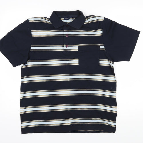 REDGREEN Mens Blue Striped 100% Cotton Polo Size M Collared Button