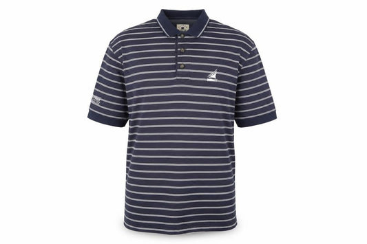 Front view of Cutter & Buck men’s blue striped 100% cotton polo, size M, collared button
