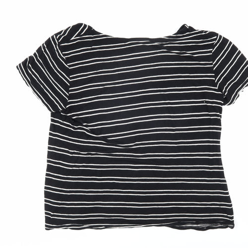 Kenar Womens Black Striped Cotton Basic T-Shirt Size L Boat Neck