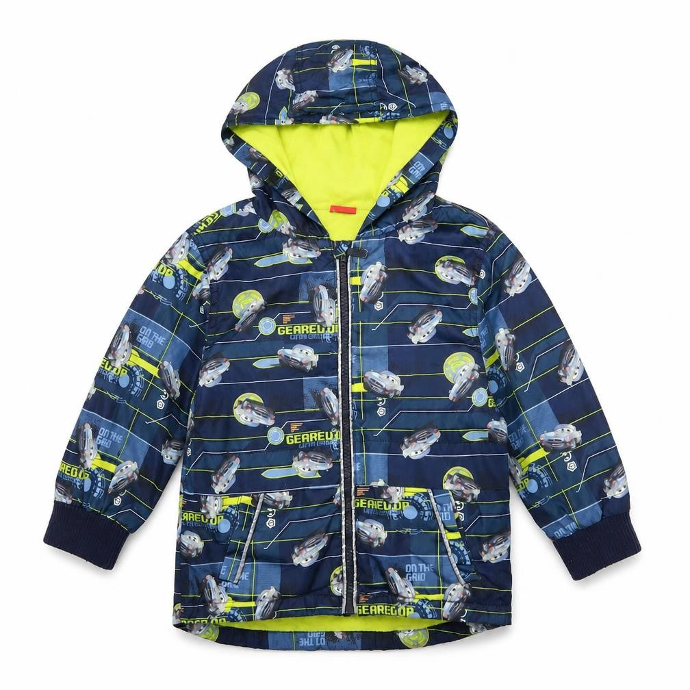 Front view of Disney boys’ multicoloured geometric jacket, size 2-3, years zip