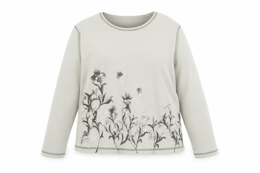 Front view of Dash women’s green cotton basic t-shirt, size UK 16, boat neck - flowers