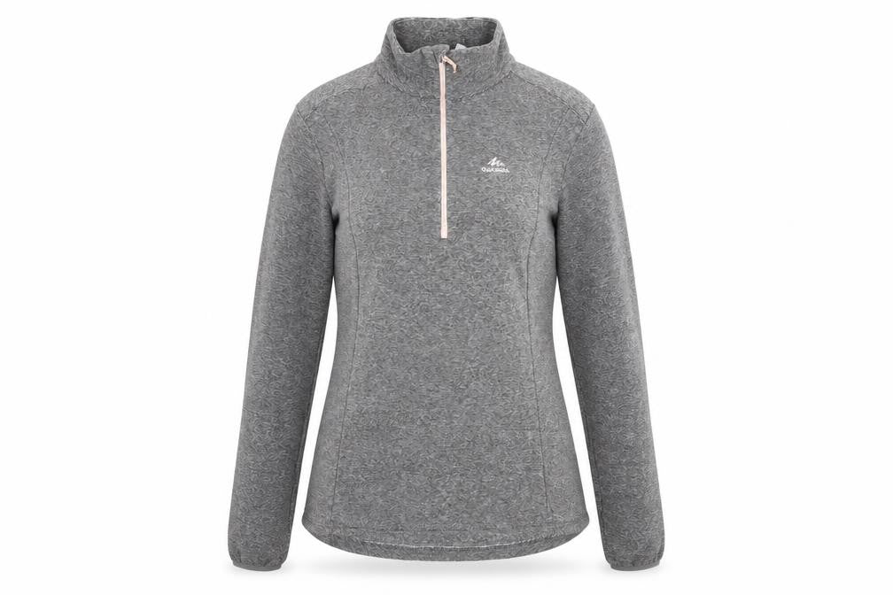 Front view of Decathlon women’s grey 100% polyester pullover sweatshirt, size UK 12, zip