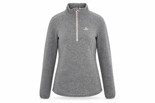 Front view of Decathlon women’s grey 100% polyester pullover sweatshirt, size UK 12, zip