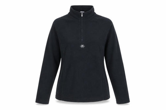 Front view of Crane women’s black 100% polyester pullover sweatshirt, size S, zip
