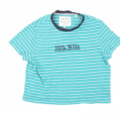 Jack Wills Womens Green Striped 100% Cotton Basic T-Shirt Size 8 Round Neck