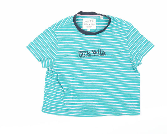 Jack Wills Womens Green Striped 100% Cotton Basic T-Shirt Size 8 Round Neck