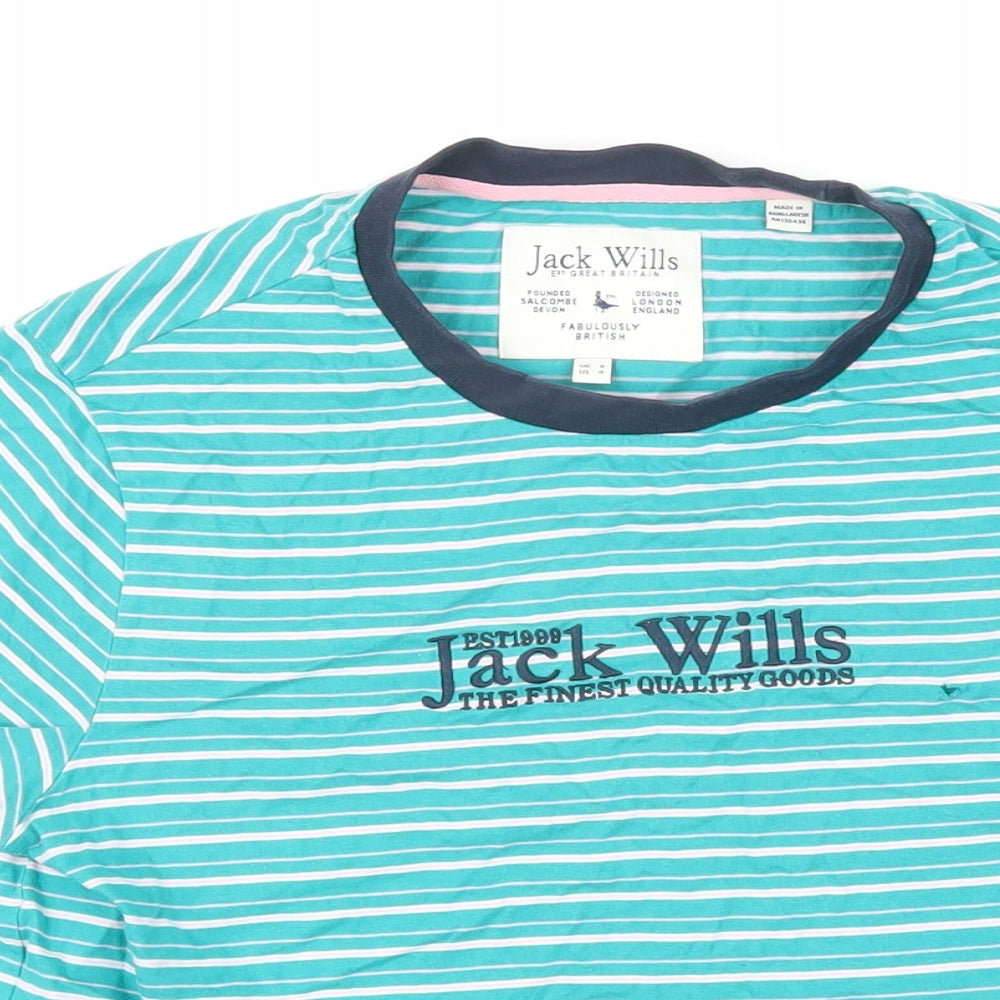 Jack Wills Womens Green Striped 100% Cotton Basic T-Shirt Size 8 Round Neck