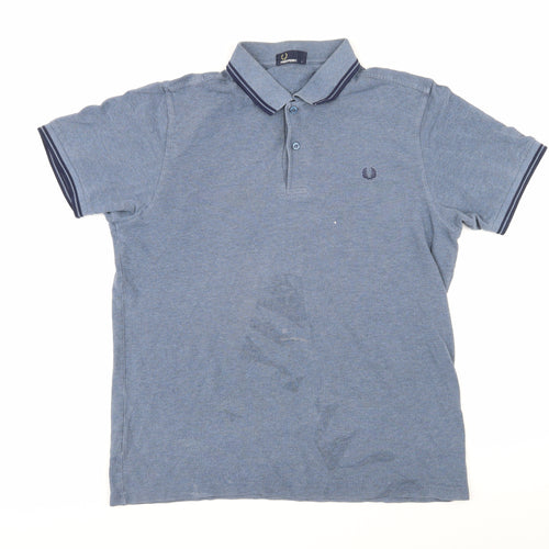 Fred Perry Mens Blue Cotton Polo Size L Collared Button