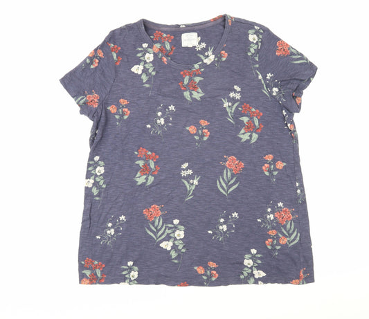 Fat Face Womens Blue Floral Cotton Basic T-Shirt Size 16 Round Neck