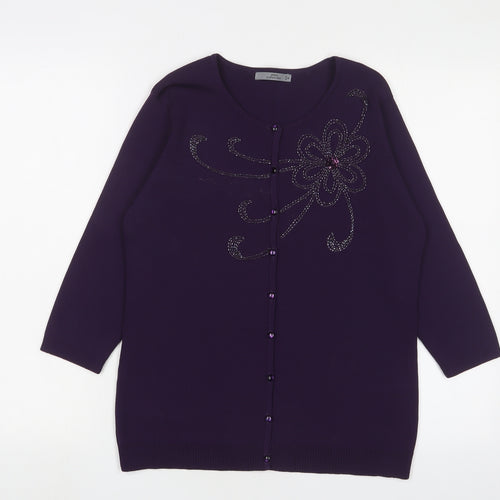 Style Collection Womens Purple Crew Neck Viscose Cardigan Jumper Size M - Beaded