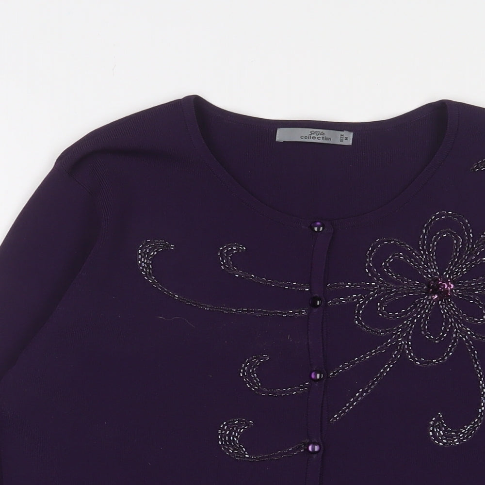 Style Collection Womens Purple Crew Neck Viscose Cardigan Jumper Size M - Beaded