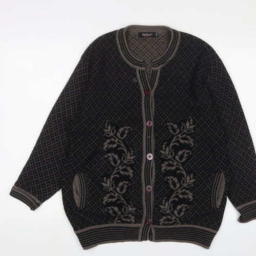 Reflect Womens Black Round Neck Fair Isle Acrylic Cardigan Jumper Size L - L/XL