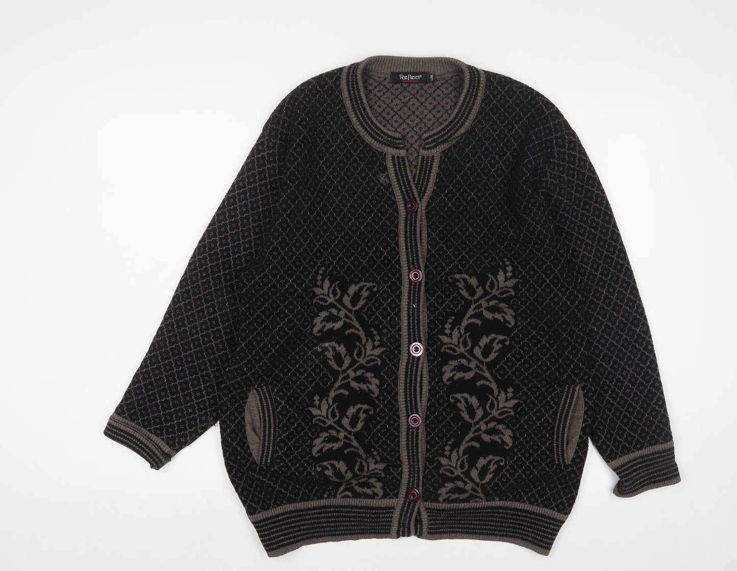 Reflect Womens Black Round Neck Fair Isle Acrylic Cardigan Jumper Size L - L/XL
