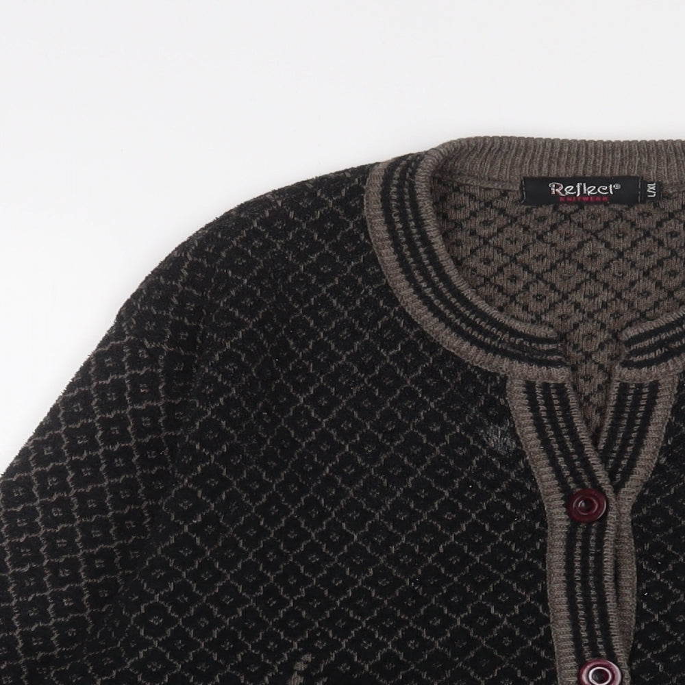 Reflect Womens Black Round Neck Fair Isle Acrylic Cardigan Jumper Size L - L/XL
