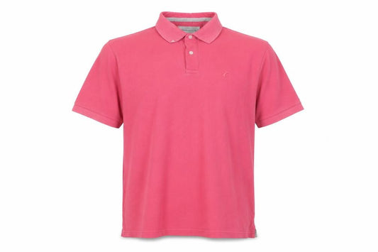 Front view of Howick Tailored men’s pink cotton polo, size XL, collared button - logo, embroidered
