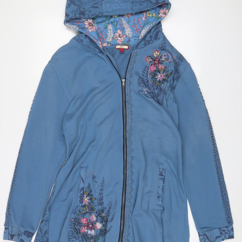 Joe Browns Womens Blue Floral Cotton Full Zip Hoodie Size 18 Zip - Embroidered