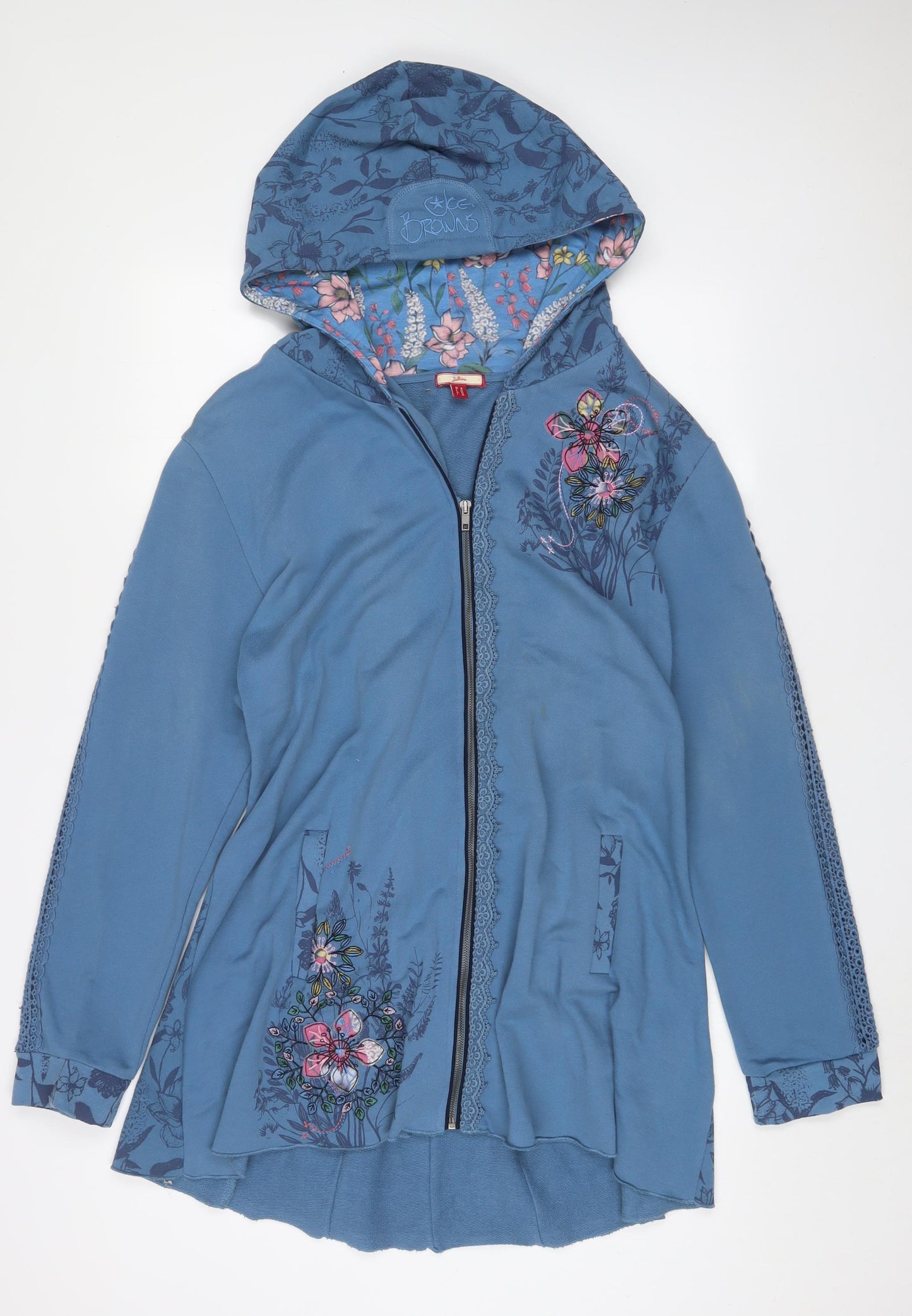 Joe Browns Womens Blue Floral Cotton Full Zip Hoodie Size 18 Zip - Embroidered
