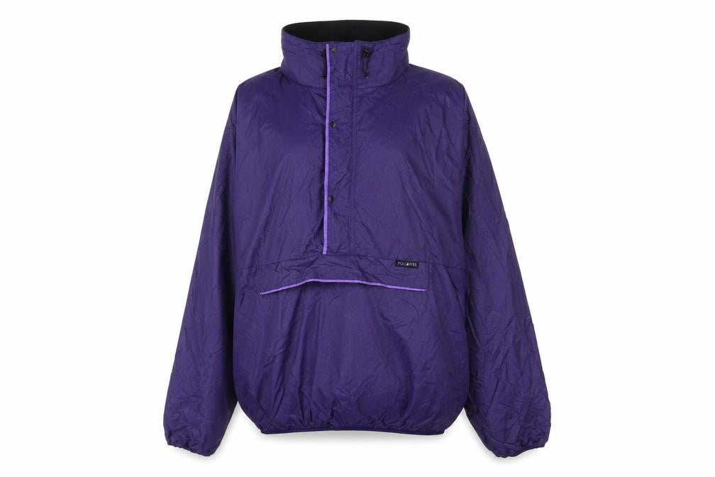 Front view of Polaris women’s purple windbreaker jacket, size L, snap - logo, embroidered