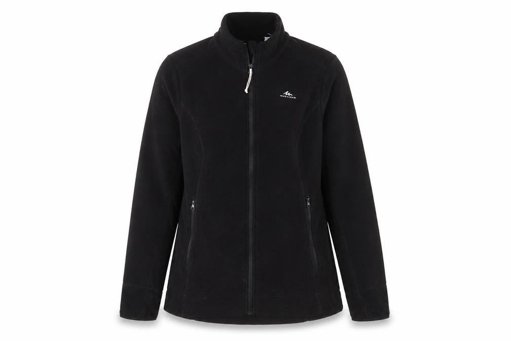 Front view of Decathlon women’s black jacket, size S, zip - logo, embroidered