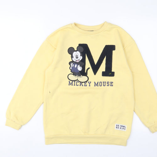 Mickey Mouse Girls Yellow Cotton Pullover Sweatshirt Size 10-11 Years Pullover - Embroidered