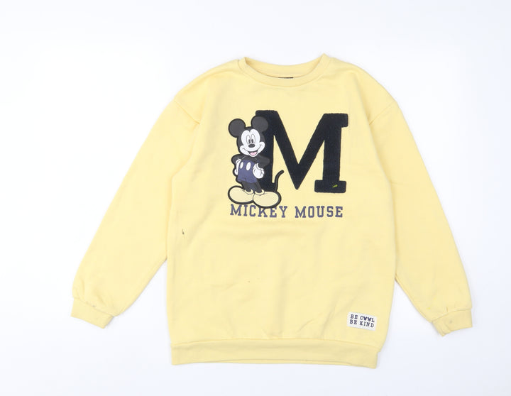 Mickey Mouse Girls Yellow Cotton Pullover Sweatshirt Size 10-11 Years Pullover - Embroidered
