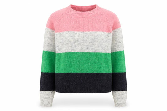 Front view of Only women’s multicoloured round neck striped polyester jumper, size XS